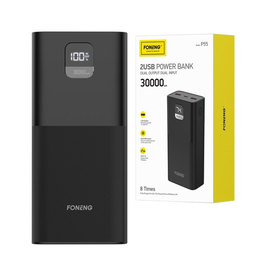 Foneng Power Bank P55 with LCD Digital Display and Dual USB 30000mAh 22.5W Black